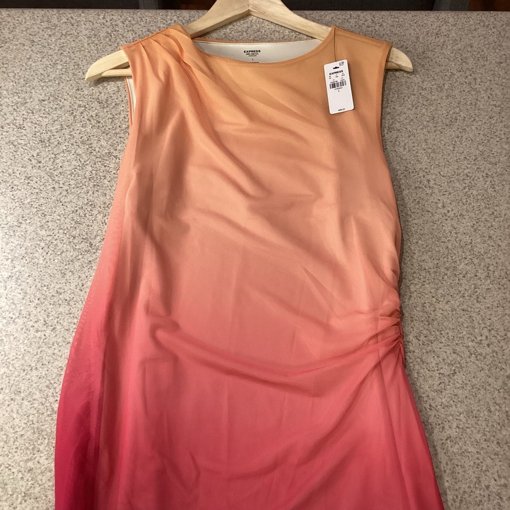 Express Ombré Mesh High Neck Sleeveless Ruched Sheath Dress - Picture 8 of 11